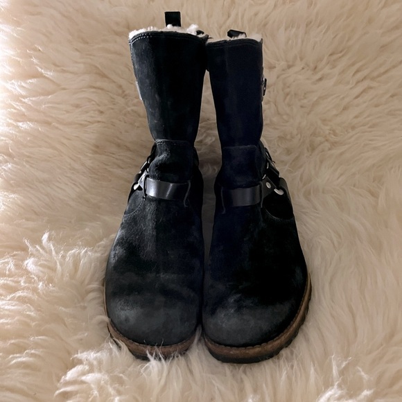 UGG Black Suede Buckle Moto Sherpa Hiking Winter Ankle Boots - Picture 3 of 7